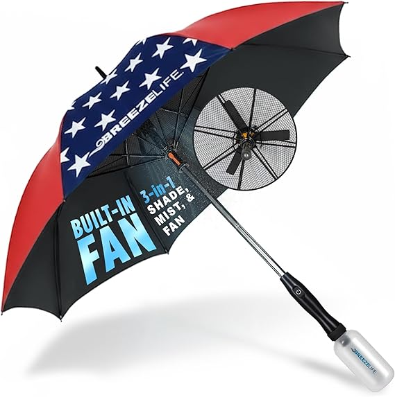 Breeze Life Sun Umbrella with Fan and Mister, Misting Umbrella with Built-in Fan, For Festivals, Beach and More, Blocks Harmful Sun Rays UPF 50+ UV Protection, Mist bottle included