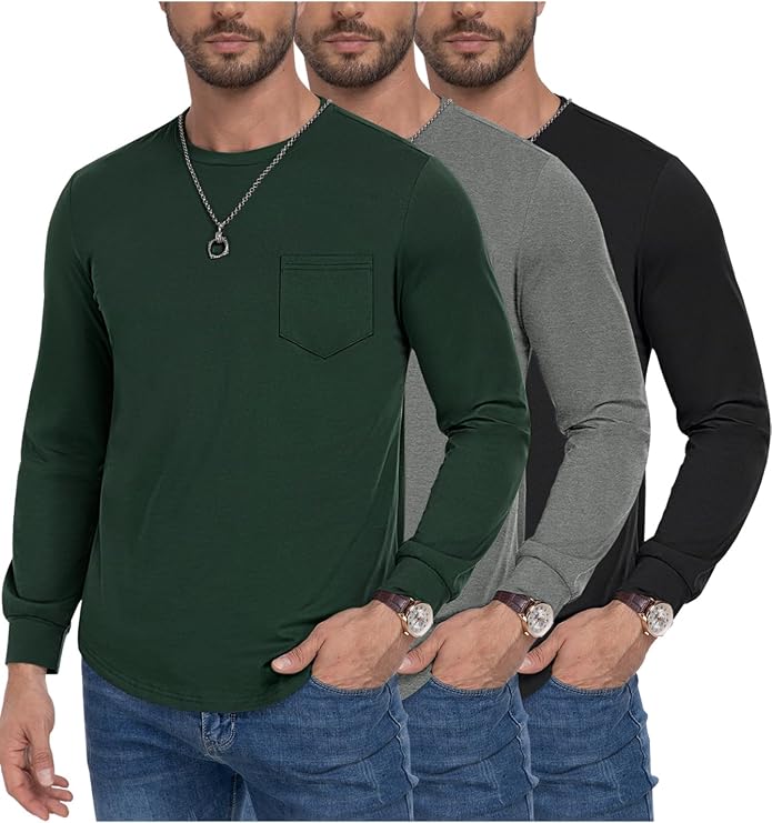 3 Pack Long Sleeve Shirts for Men Crewneck Cotton T-Shirt with Pocket