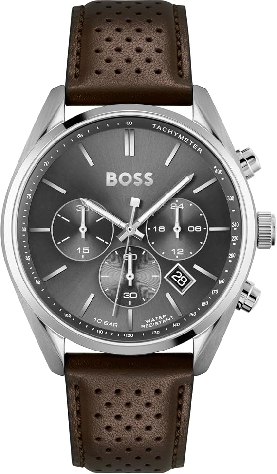 BOSS Men's 44mm Chronograph Quartz Watch Champion Collection with Stainless Steel or Leather Bracelet, Date Function, 3 Sub-Dials, 10ATM Water Resistance