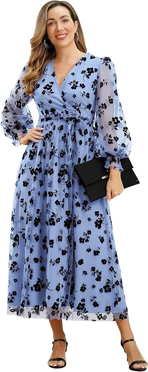 Women Floral Embroidered Maxi Dress Long Puff Sleeve Tulle Prom Dresses Belt V Neck Lantern Long Sleeve Homecoming Dresses