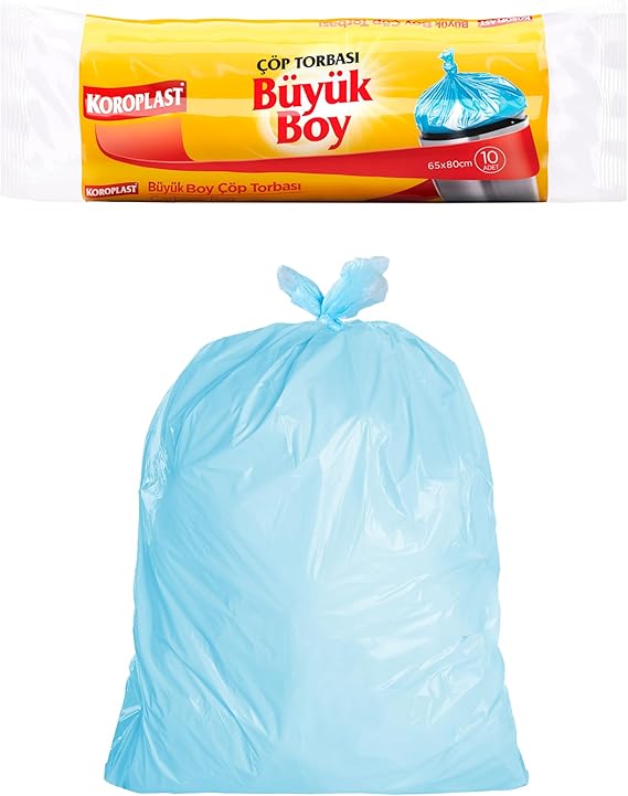 Koroplast Büyük Boy Çöp Poşeti 10'lu 65x80 cm, Sızdırmaz ve Yırtılmaz, Ekonomik Büyük Boy Çöp Torbası, Geri Dönüştürülebilir Atık Torbası, Doğa Dostu, Sürdürülebilir, Güçlü ve Dayanıklı Çöp Poşeti