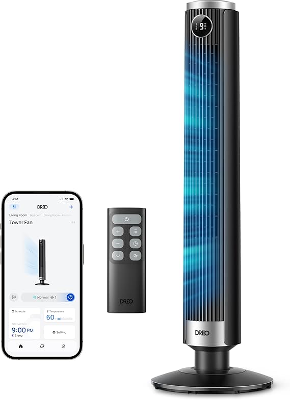 DREO Smart Tower Fan for Bedroom, 40-45 Adjustable Height, 9 Speeds