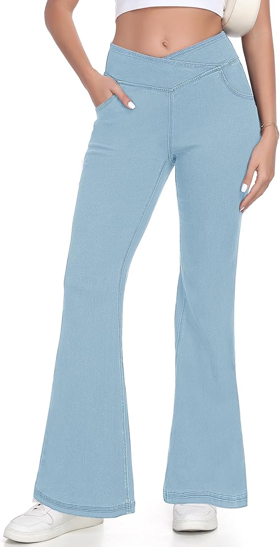 POTILI Flare Jeans for Women Bell Bottom High Crossover Waisted Stretchy Butt Lifting Bootcut Jeggings Denim Pants
