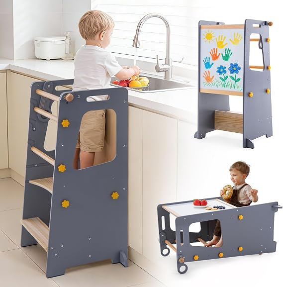 Toddler Standing Tower, Kitchen Stool Helper with Whiteboard, Adjustable Height Kids Toddler Step Stool with Anti-Slip Protection, Kids Step Stool with Safety Feet for Kitchen Bathroom