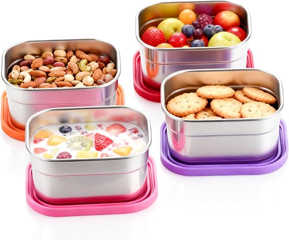 4 Pack Stainless Steel Kids Snack Containers with Lids, 8 oz Each