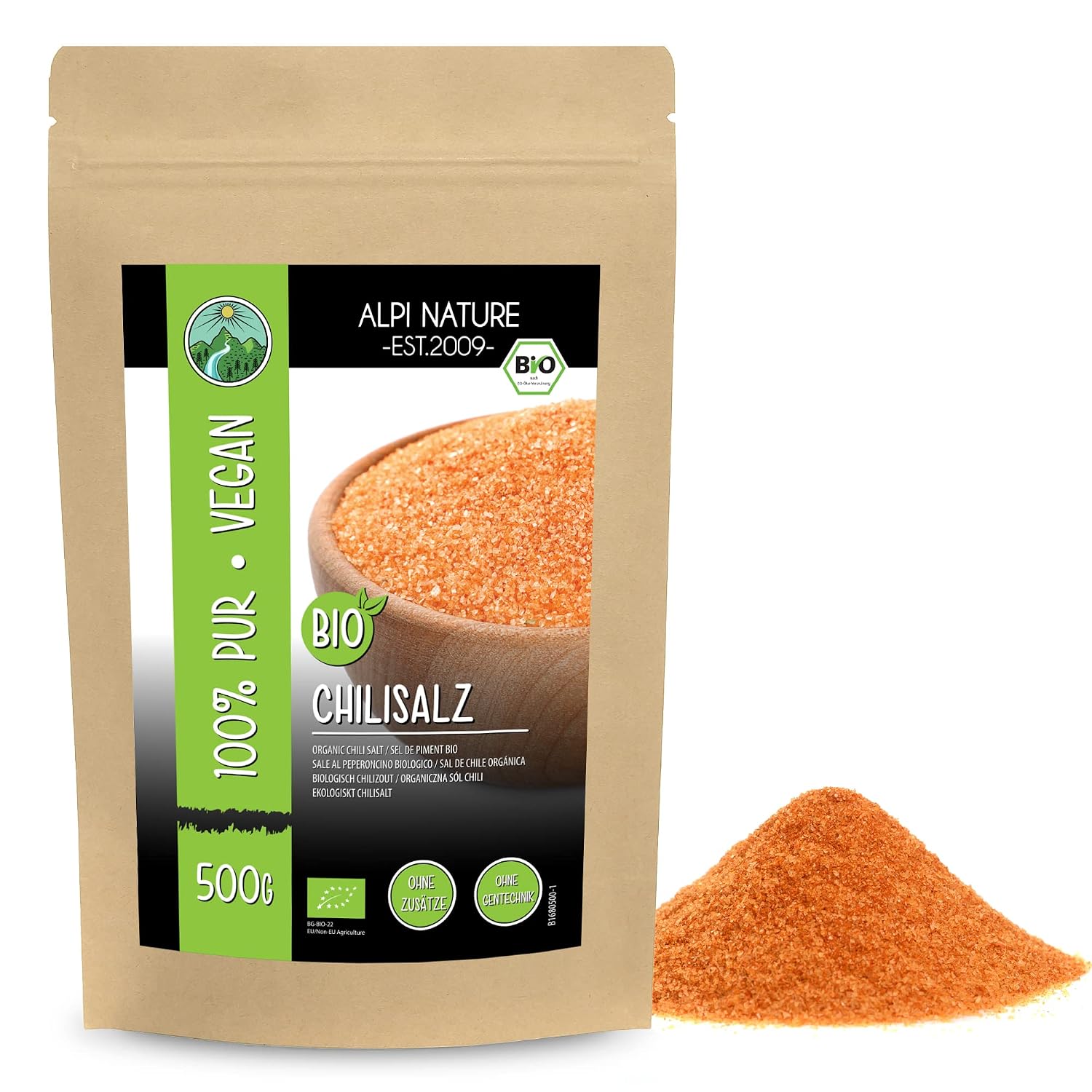 Alpi Nature Chili Salz BIO 500g Gourmetsalz mit bio Birds Eye Chili Paprika und Knoblauch