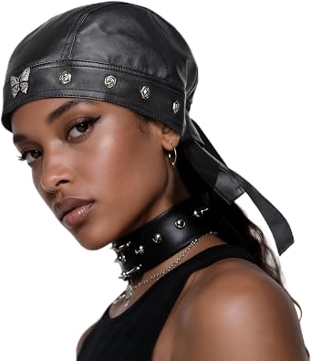 Leather Biker Skull Cap for Women Adjustable Motorcycle Cycling Black Bandana Head Wrap Doo Rag
