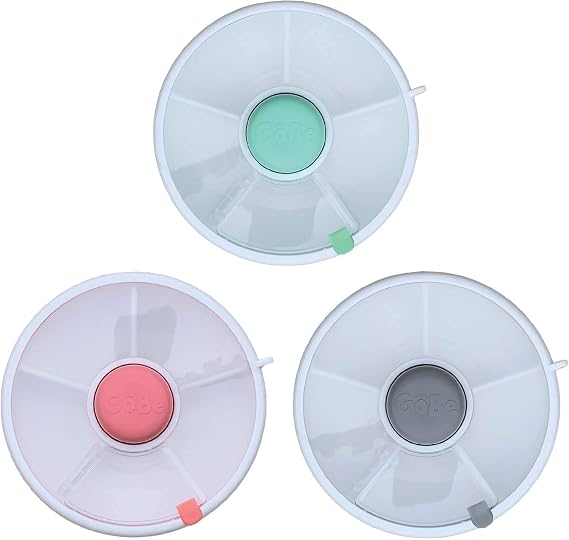 GoBe 3 Pack Kids Snack Spinner - Grey/Coral/Teal - Reusable Snack Container with 5 Compartment Dispenser and Lid - Leakproof, Spill-Proof - for Toddlers, Babies, Home, Travel