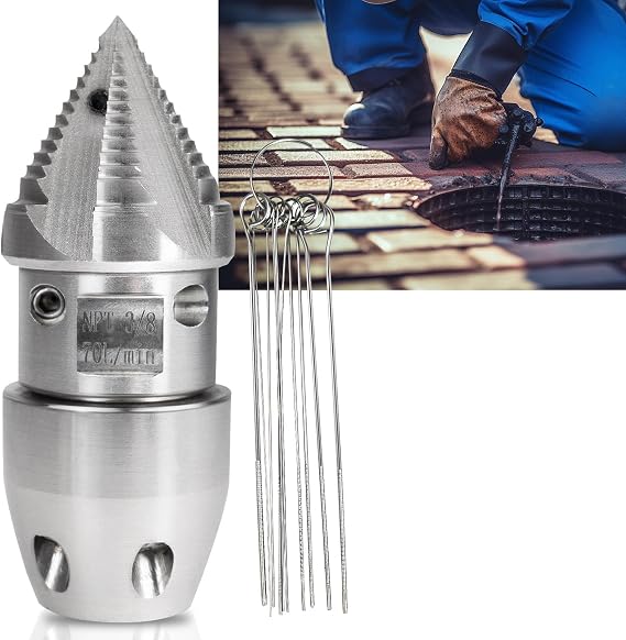 3/8 NPT, 70 L/min Sewer Jetter Rotating Nozzle - Stainless Steel, Drain Pipe Cleaning for 70 L/min Pressure Washer