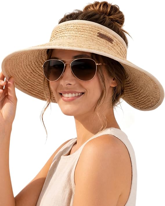 FURTALK Sun Hats Women Wide Brim Ponytail Beach Raffia Straw Packable