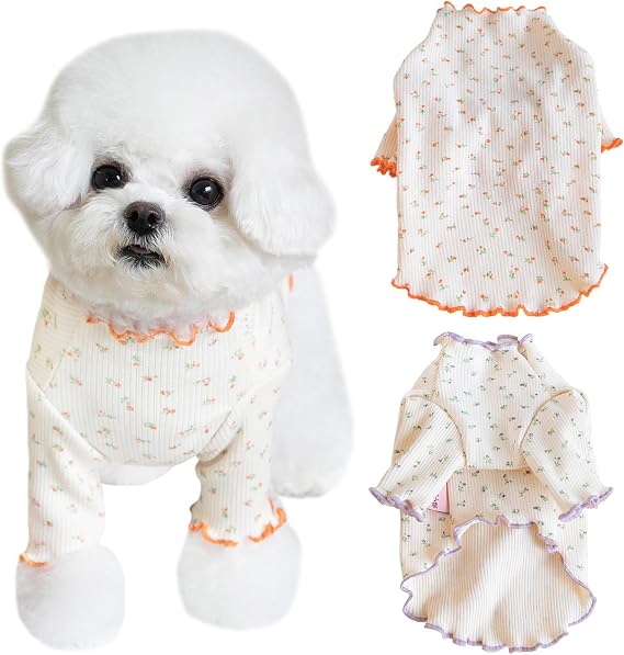 Pet Clothes for Small Medium Dogs Cat Daisy Flower Prints Dog Shirts Long Sleeve Ruffle Puppy Clothes Dog Pajamas for Chihuahua Shih Tzu Yorkie (Orange, X-Small)
