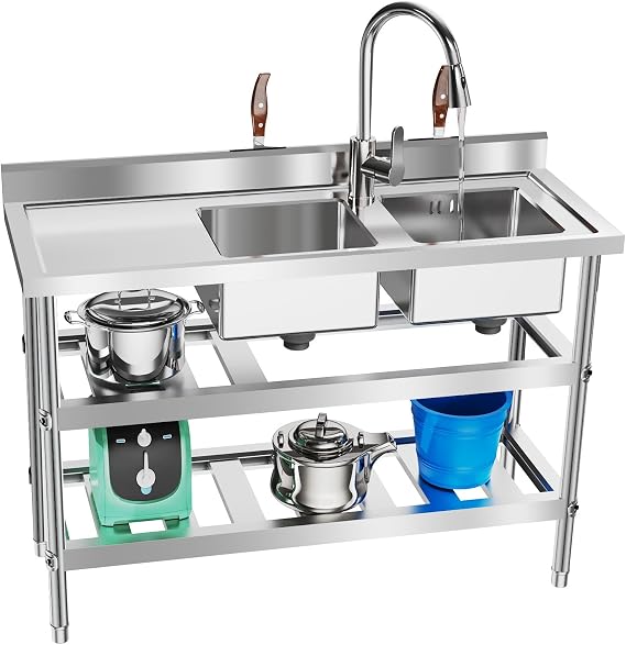 Commercial Stainless Steel Sink, 2-Bowl Utility Sink with Pull-Out Faucet