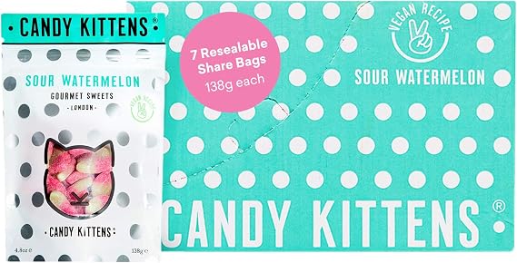 Candy Kittens Sour Watermelon Vegan Sweets - Palm Oil Free, Natural Fruit Flavour Candy - Gummy Chewy Gourmet Sweets, 138g (Pack of 7 Resealable Share Bags)