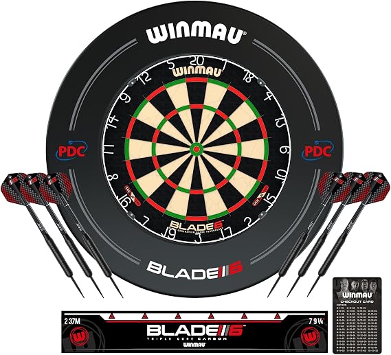 WINMAU Blade 6 Dartboard Set PDC Endorsed Dart Board with Surround | Includes 2 Steel Tip Dart Sets, Oche Line & Checkout Card Complete Home Darts Setup - Available with Black or Blue Surround