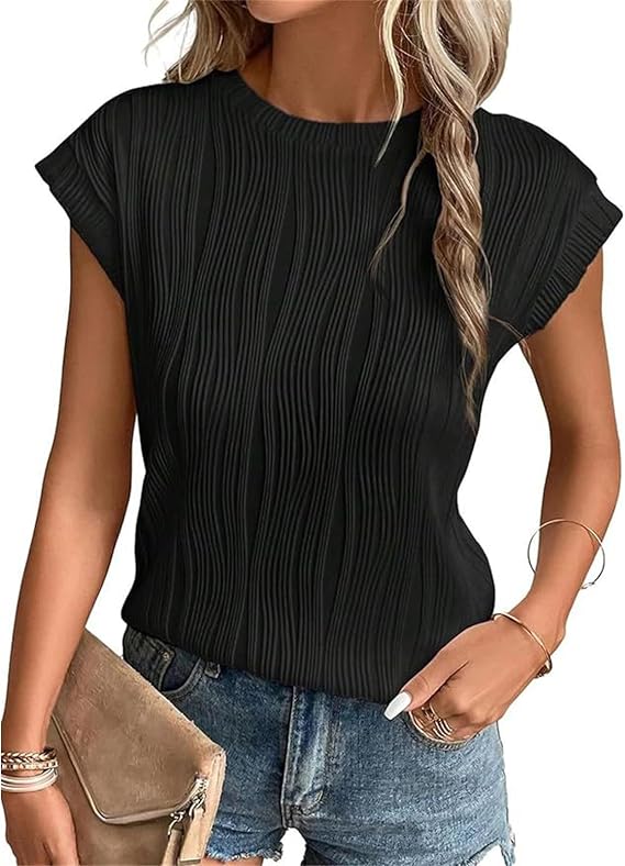 ZWRXW Womens Short Sleeve Textured Tops Summer Going Out Tops Crewneck Knit Solid Loose Casual Basic T Shirts Blouses Outfits