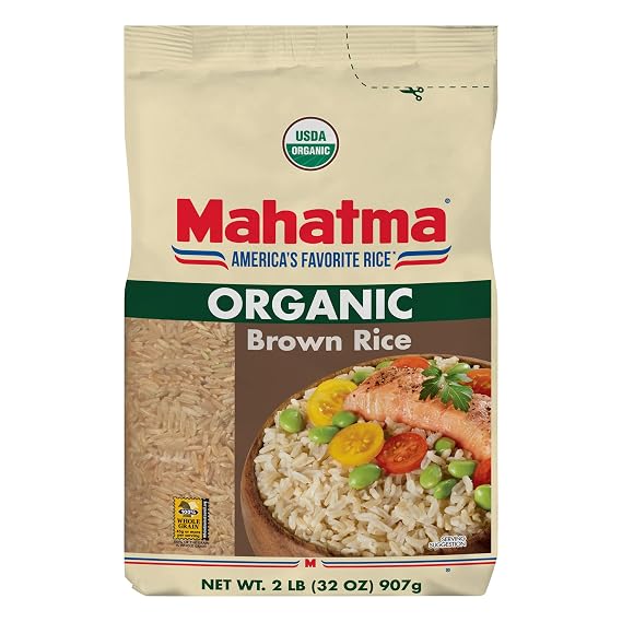 Mahatma Organic Brown Rice, 2-Pound Bag | Whole-grain rice for stovetop or microwave, easy to cook, gluten-free, vegan, kosher, non-GMO, bulk bag
