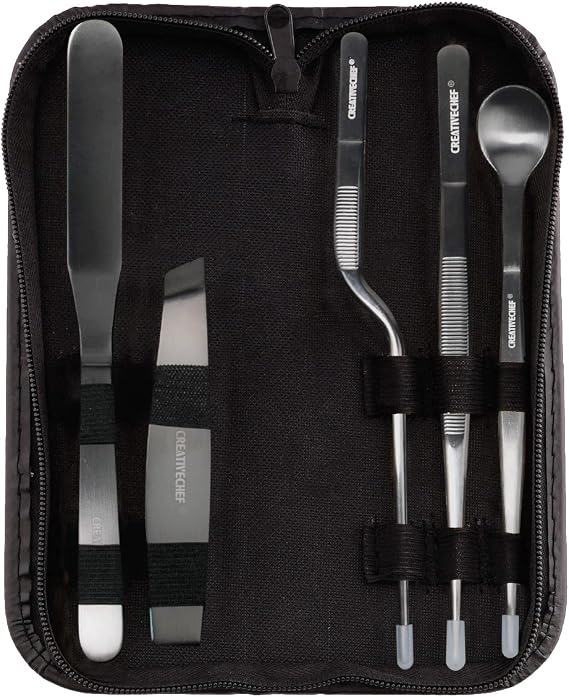 CREATIVECHEF 5 PCS Plating Tools Culinary Set Contains kitchen tweezers spatula Sauce plating spoon(Black)