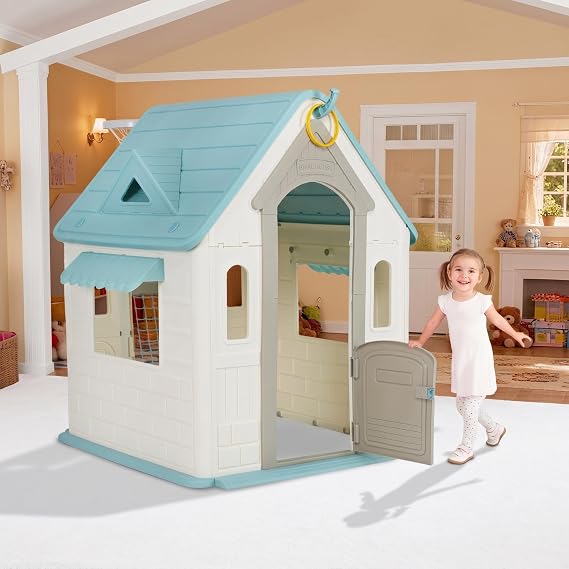 Charming Cottage Kids Playhouse - Indoor and Outdoor Clubhouse Playset with Basketball Hoop, Soccer Goal, Magnetic Dartboard, Ring Toss