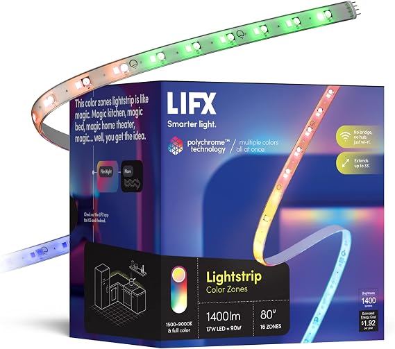LIFX Supercolor Smart LED Strip Lights 6.6ft (80 inch Kit), Color Changing Multizone RGB + Tunable White, 16 Color Zones, Apple HomeKit, Alexa & Google Home, Music Sync, Dimmable | Alexa, Google, WiFi 2.4GHz only. Tunable white 1500K-9000K, Dimmable Multicolor 16 zones For bedrooms, gaming & under cabinet