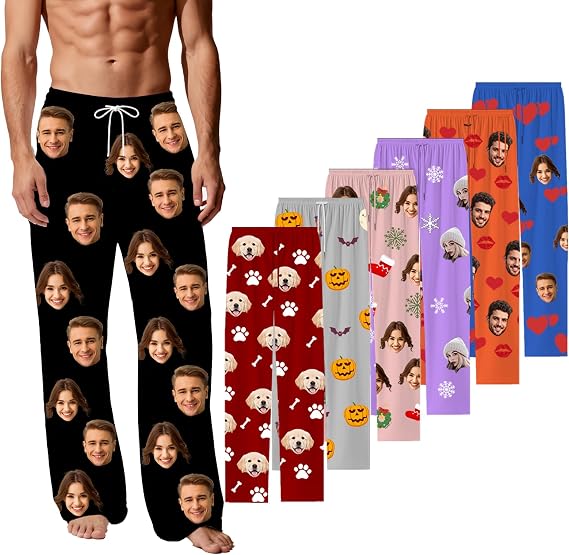 Custom Pajama Pants Personalised Pyjamas Pants with Photo Face for Women Men Family Custom Funny Pjs Bottoms Matching Pjs for Couples Pet Face Pjs Pants