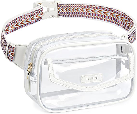 ECOSUSI Clear Fanny Pack for Women, Stadium Approved Transparent Concert Purse with Adjustable Guitar Strap, Small PVC Belt Bag