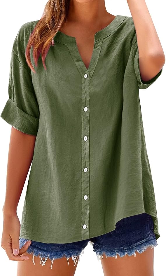 Linen Blouses for Women Short Sleeve Trendy Tops Button Down V Neck Shirt Summer Vacation Shirts 2026 Trendy Tops Tees