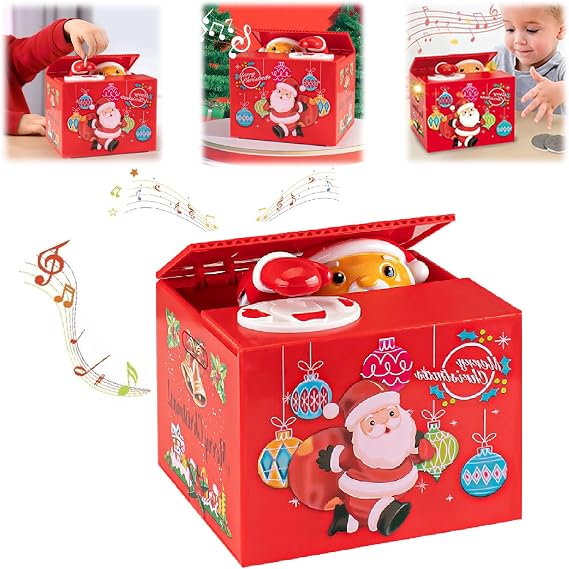 Santa Saving Money Box, 2024 New Fun Santa Stealing Coin Piggy Bank, with Music Electronic Christmas Moving Bank Toy, Kids Piggy Banks in Christmas Ideal Gift for Boys Girls (A)