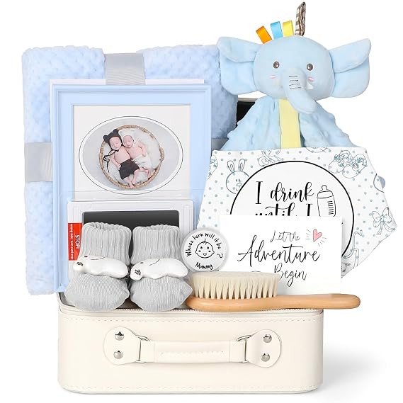 iAOVUEBY Baby Boy Gifts, Baby Shower Gifts Includes Newborn Essentials Elephant Lovey Blanket Keepsake Photo Frame Infant Bibs Socks Decision Coin Greeting Card, New Born Baby Boy Gift Basket