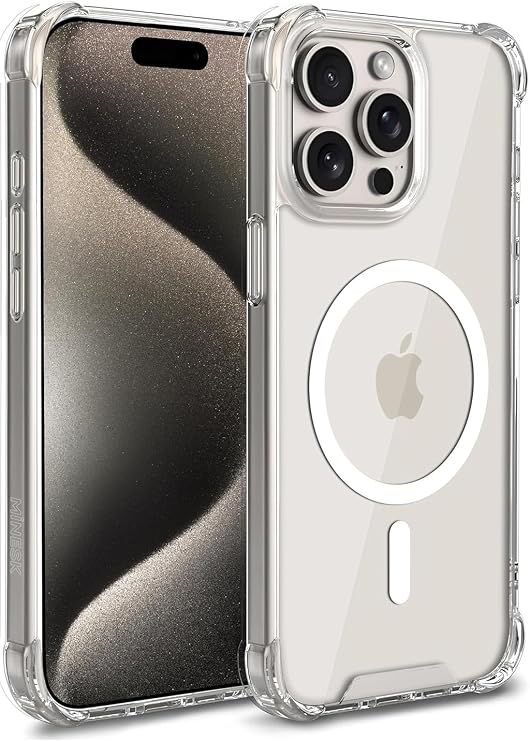 Minesk iPhone 15 Pro için MagShield Serisi MagSafe ile Uyumlu Köşe Korumalı Şeffaf Hybrid Kılıf Ultra Güçlü Manyetik Çember ve Kristal Berraklığında Materyal Premium Kalite Kılıf (15 Pro)