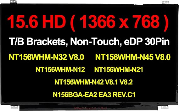 15.6" HD 1366x768 30 Pins IPS Slim LCD Display Screen LED Panel NT156WHM-N12 N21 N22 N32 N42 NT156WHM-N45 B156XTN07.0 N156BGA-EA2 EB2 N156BGE-EA2 EA1 LP156WHB(TP)(C1) (HD Non Touch with Tabs)