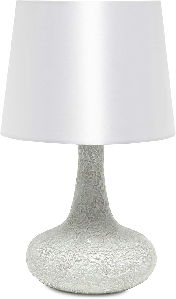 Simple Designs LT3039-WHT 14.17 Contemporary Mosaic Tiled Glass Genie Standard Table Lamp with Matching Fabric Shade for Home Decor, Bedroom, Living Room, Foyer, Office, White