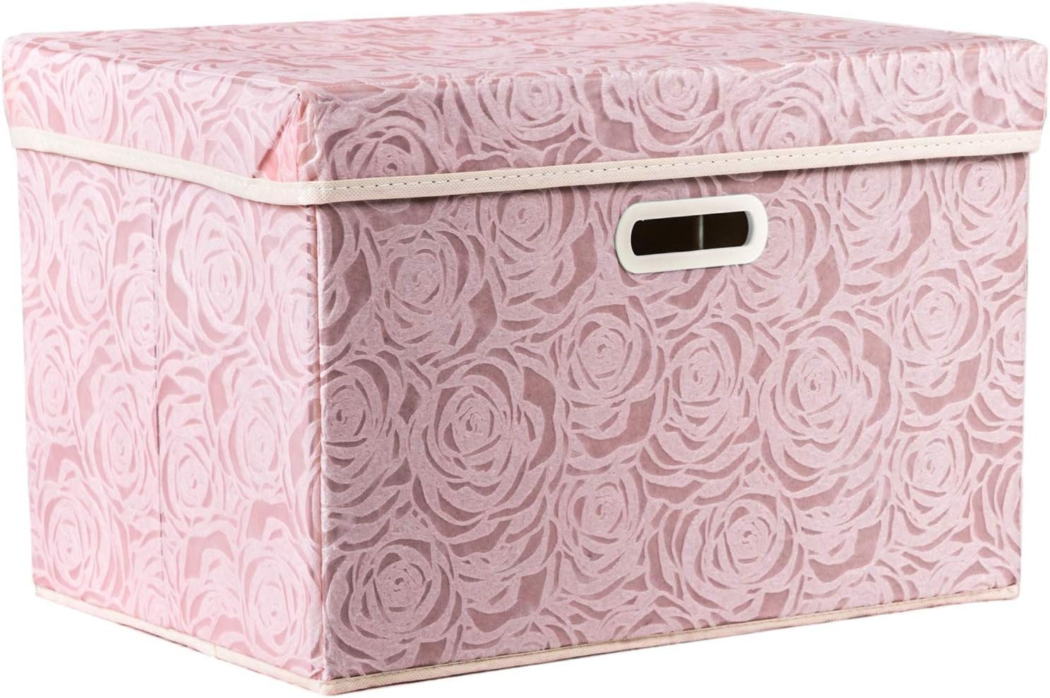 Prandom Storage Boxes with Lids Large.Rose Pattern Fabric Decorative Storage Box, Really Useful Box,Clothing Storage,Cubes Organizers,Collapsible,Stackable,45x30x30cm, Pink[1-Pack]