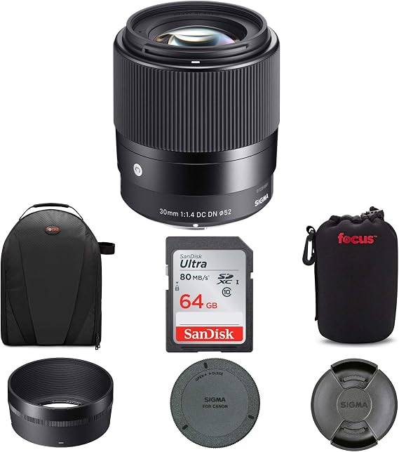 Sigma 30mm f/1.4 DC DN Contemporary Lens Canon EF-M Bundle | 64GB SD Card, Video Backpack, (4 items)