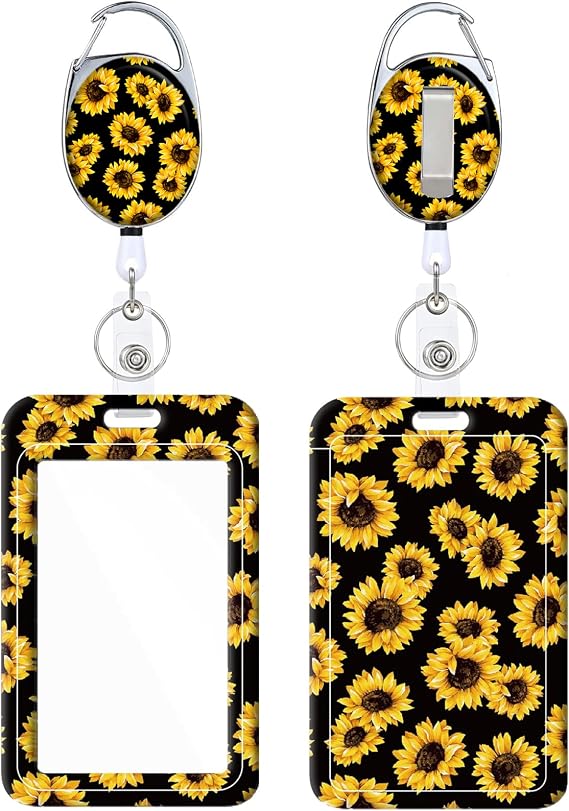 Retractable Badge Holder, Cute Print Pattern Belt Clip Badge Reel with Keychain, Name Tag Work Vertical Id Card Protector for Nurse Medical Teacher Student (Sunflowers)