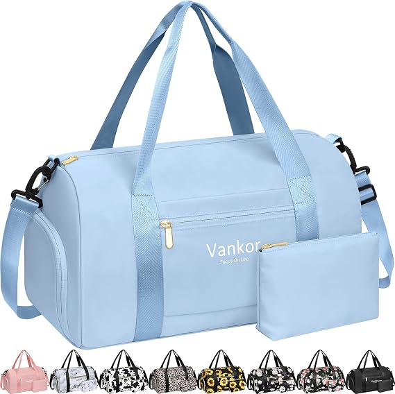Vankor Gym Bag for Women, 17.5 inch Sports Duffle Bag with Shoe Compartment | Waterproof Carry On Duffel Bag for Travel, Overnight Bag with a Detachable Strap for Weekender Yoga Mommy Hospital Bag, Blue