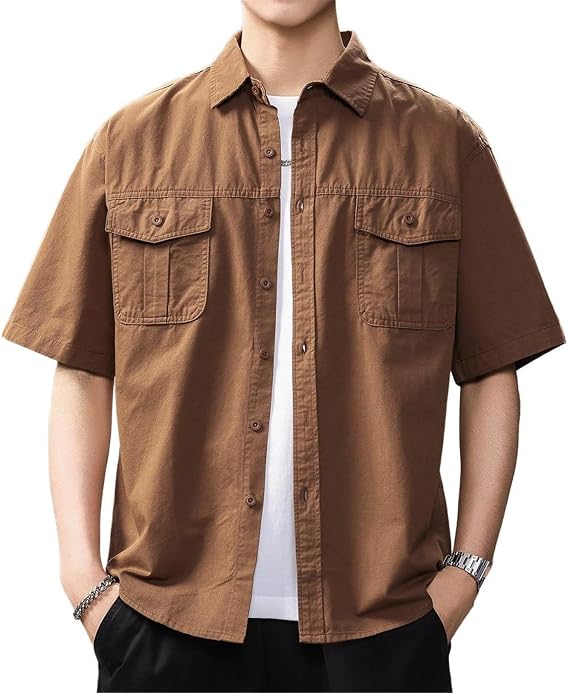 Men's Vintage Cargo Shirt, Multi-Pocket Loose Short Sleeve Summer Tops