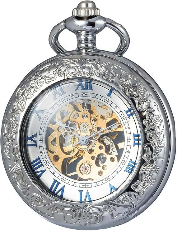 Mechanical Pocket Watch, for Men Women Special Magnifier Half Hunter Engraved Case Roman Numerals with Chain