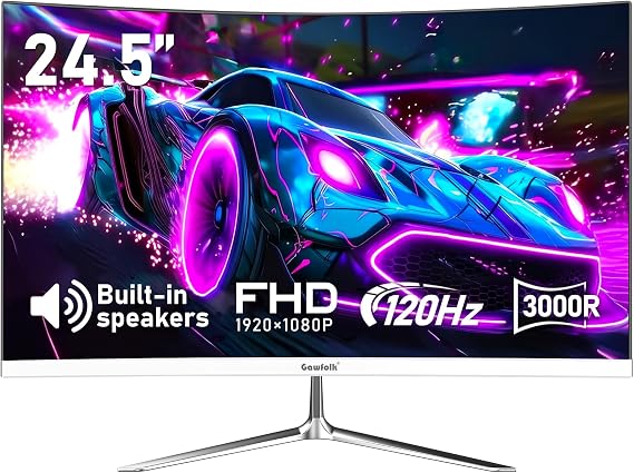 Gawfolk 24.5 in Gaming Curved Monitor, 3000R 120Hz White FHD 1080P Monitor