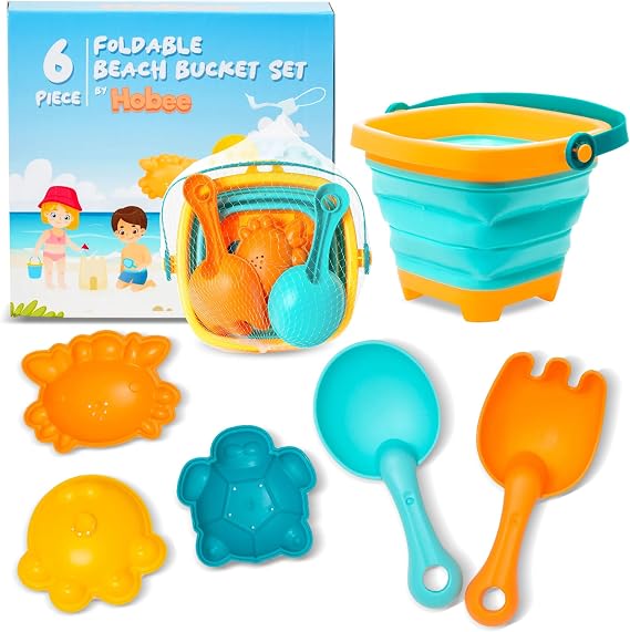 6 Piece Foldable Beach Bucket Set for Kids - Ultimate Seaside Fun with Collapsible Bucket, Spade, Rake, and 3 Sand Moulds