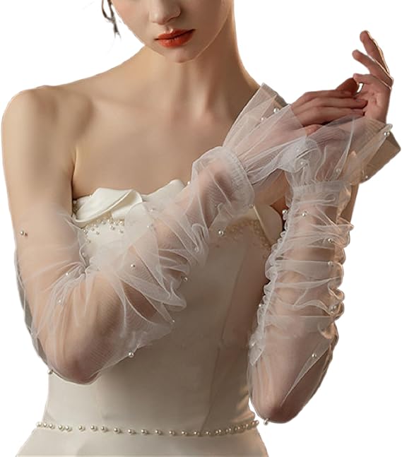 Women's Long Mesh Sleeves Pearl Wedding Arms Sleeves Sunblock Lace Cuffs Fingerless Gloves
