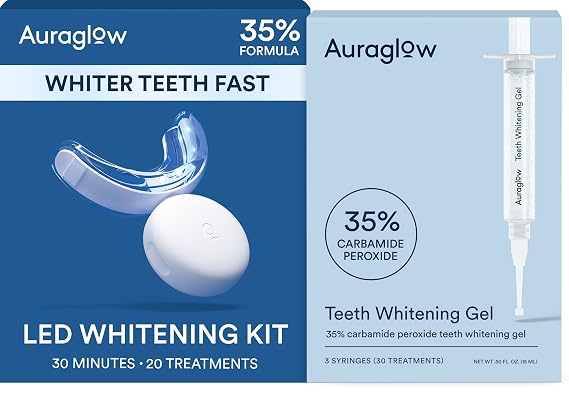 Auraglow Teeth Whitening Kit with LED Light & 35% Carbamide Peroxide Teeth Whitening Gel Refill Pack, 50 Whitening Treatments, Whiten Up to 10 Shades