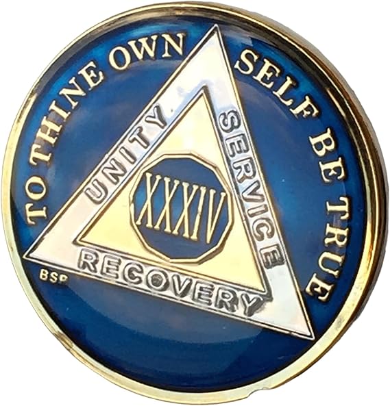 34 Year Midnight Blue AA Alcoholics Anonymous Medallion Chip Tri Plate Gold & Nickel Plated