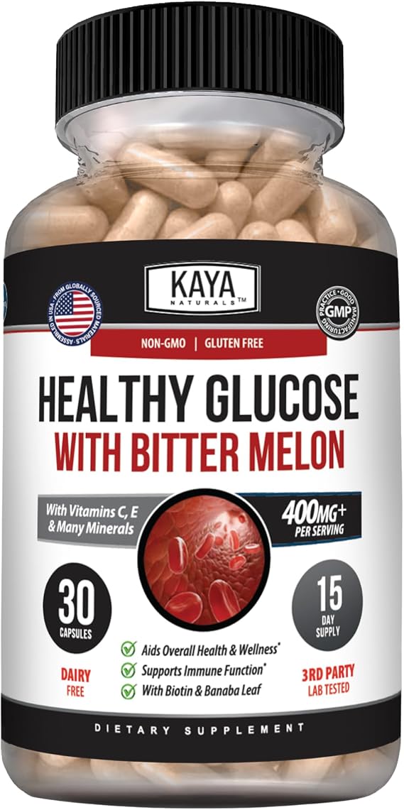 Kaya Naturals Healthy Gluco with Bittermelon Supplement | Support Healthy Levels and Function, 20 Herbs Vitamins and Minerals, Alpha Lipoic Acide, Cinnamon, Vitamin C & E, Non-GMO (30 Count)