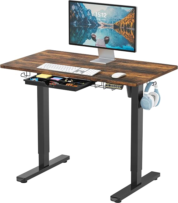SHW 40-Inch Electric Height Adjustable Standing Desk w/Drawer, Rustic Brown | w/ Memory Presets and Cable Management | Drawer with adjustable compartments | Hanging Hooks