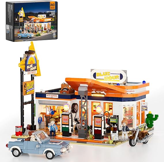 FUNWHOLE Gas-Station Lighting-Building-Bricks Set, 1608 Pcs Creative Sets