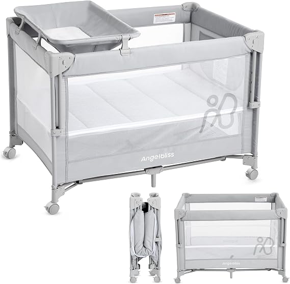 ANGELBLISS Pack and Play, Baby Bassinet Bedside Crib with Changer, Grey