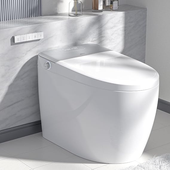 LEIVI Smart Toilet with Built-in Bidet Seat, Tankless Elongated One-Piece Toilet with Auto Lid Opening/Closing, Self-Flushing, Heated Seat, LED Digital Display, Remote Control, White