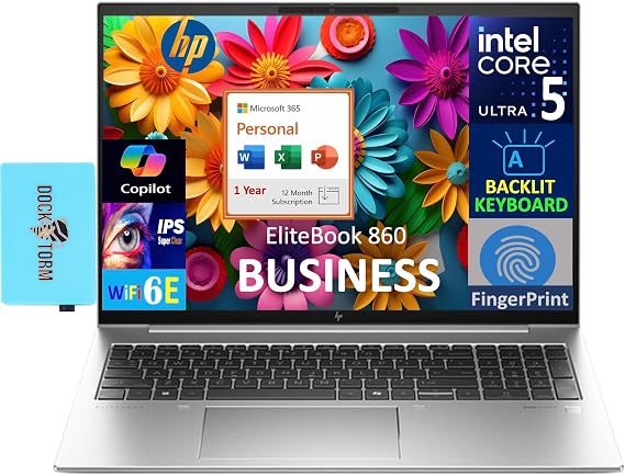 HP EliteBook 860 Business Laptop 16.0" IPS WUXGA Display (Intel Ultra 5-135U, 16GB DDR5, 1TB PCIe SSD, Intel Graphics, Backlit KB, Win 11 Pro) w/MS 365 Personal, DKZ USB Port Expander