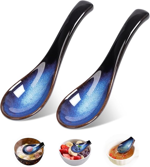 Japanese Style Soup Spoon Set of 2, Ceramic Ramen Spoons Chinese Spoons Blue Asian Soup Spoon Retro Porcelain Spoon Rice Spoons for Oatmeal Stews Udon Pho Wonton Dumpling Miso, Dishwasher Safe