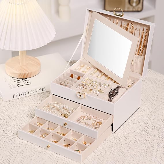 3 Layer Jewelry Boxes for Women with Mirror Large Jewelry Organizer Box with 2 Jewelry Organizer Drawer PU Lockable Elegant Unique Gifts for Mom Wife,White